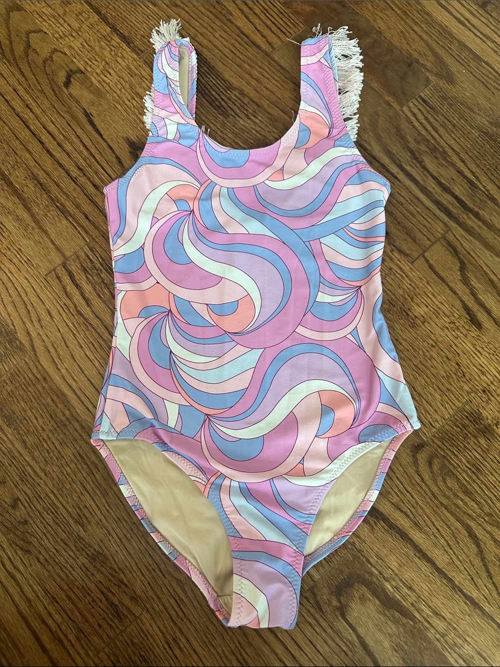Girls' Swirl-Print Pink One-Piece Swimsuit with Fringe Straps